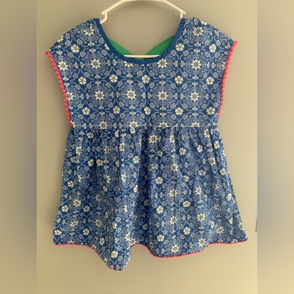 Matilda Jane Girls Tank Top SZ 14 Blue Floral Pom Pom Bow Flowy Button Girly